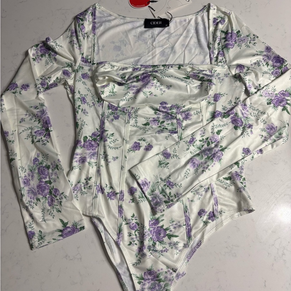 Cider White and Purple Floral Bodysuit